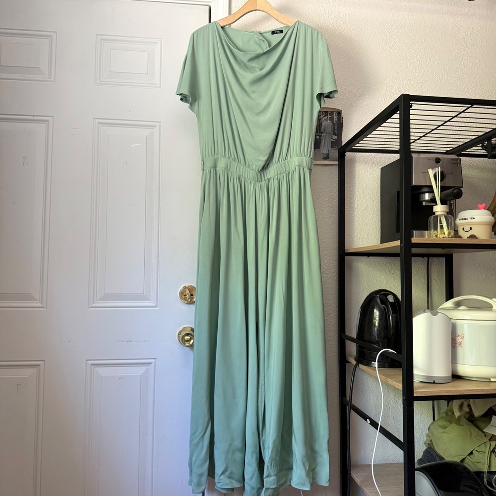ENME sage pistachio mint seafoam cowl flutter short sleeve wide leg jumpsuit